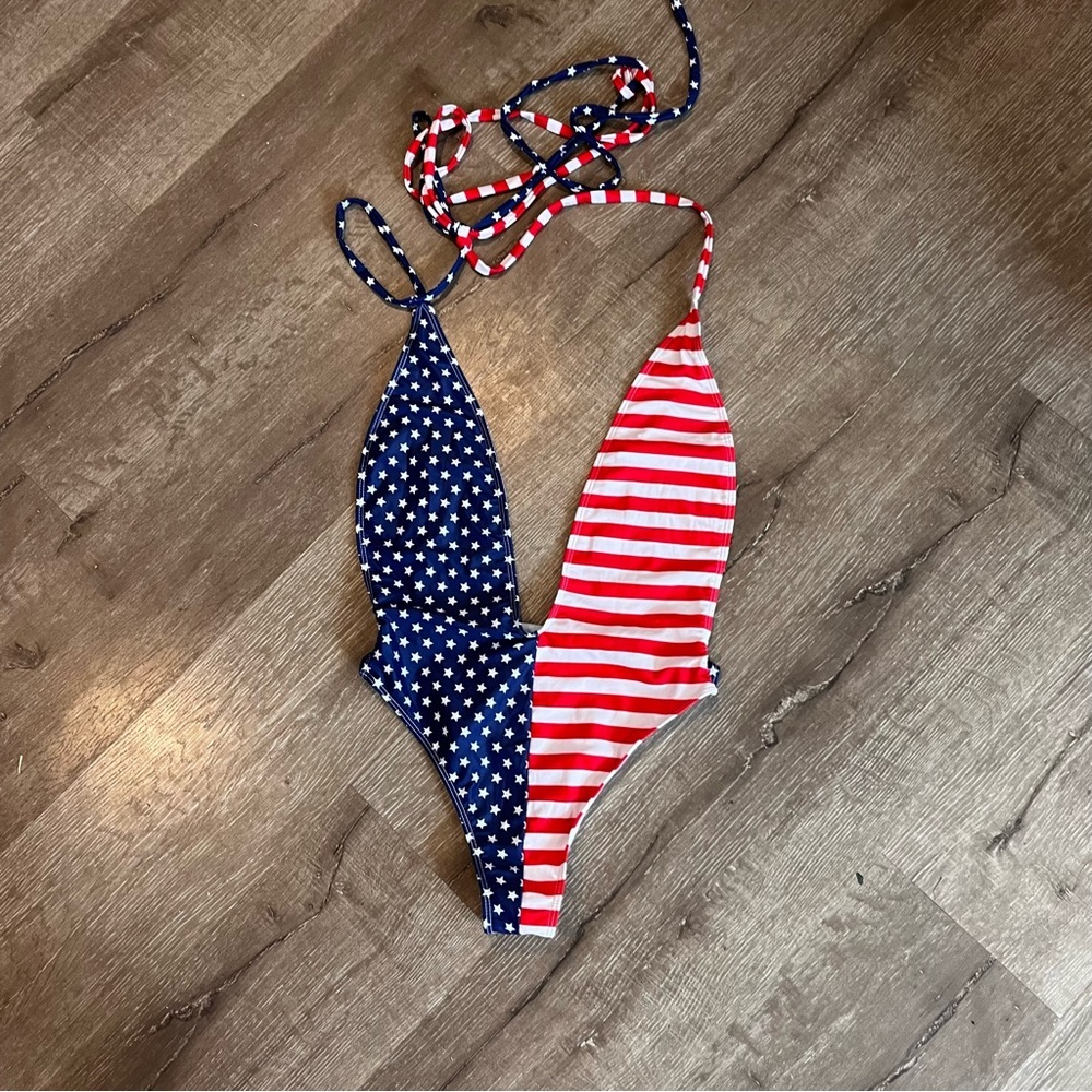 Womens American Flag One Piece Beach Swimwear Mono Thigh High Deep Vneck… - Picture 2 of 8